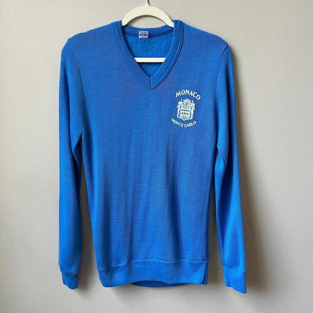 Vintage Monaco Monte Carlo Sweater Men's Size S Small Blue White France Knit Top
